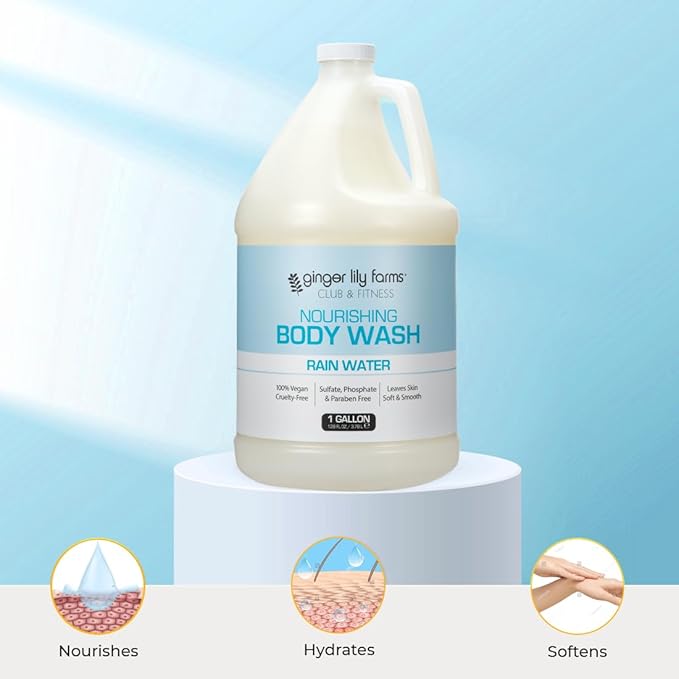 Ginger Lily Farms Club &amp Fitness Nourishing Body Wash 100% Vegan &amp Cruelty-Free Bath &amp Shower Gel for Men and Women Rain Water Scent 1 Gallon (Pack of 4)