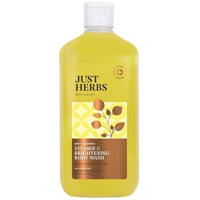 Just Herbs Vitamin C Brightening Body Wash with Lime and Liquorice for Men &amp Women | Hydrates Skin Reduces Hyperpigmentation &amp Maintains pH Level | Suits All Skin Types- 300 ml