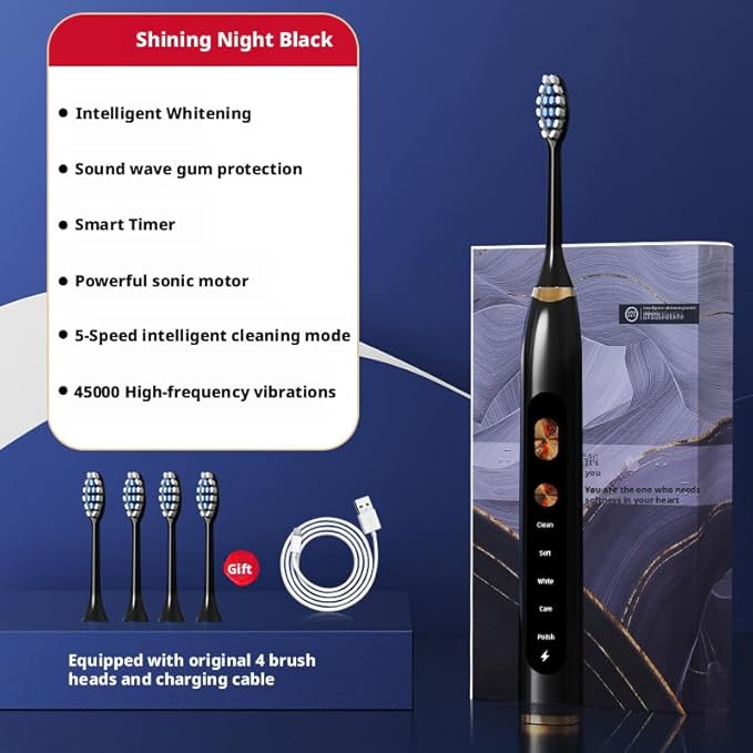 Magnetic Levitation Sonic Adult Electric Toothbrush USB Charging Fully Automatic Vibrating Soft Bristled Toothbrush Provide 5 Cleaning Modes 3 Intensities 4 Soft Brush Heads. (Midnight Darkness)