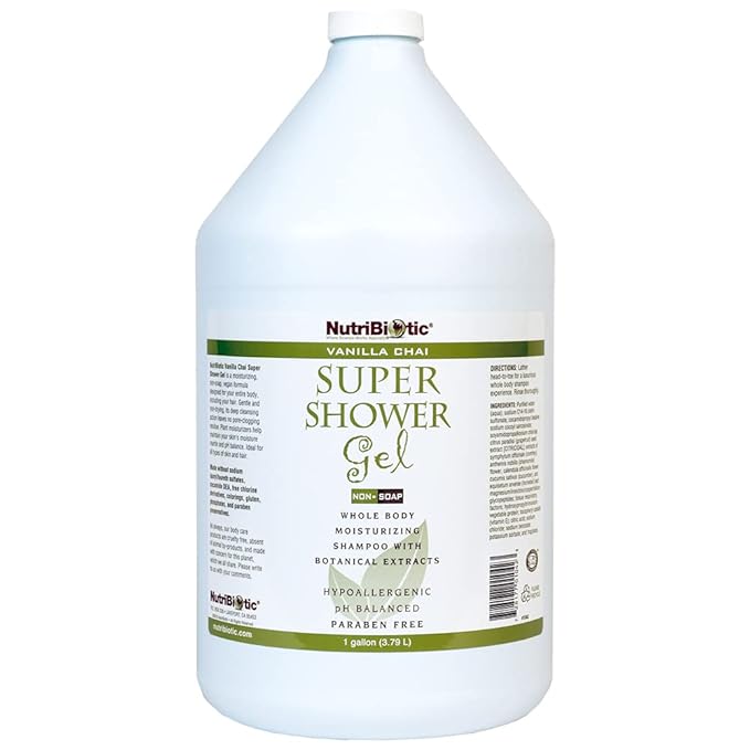 NutriBiotic – Vanilla Chai Super Shower Gel 1 Gallon (128 Fl Oz) | Whole Body Shampoo with GSE &amp Botanical Extracts | pH Balanced Non-Soap &amp Free of Gluten Parabens Sulfates Dyes &amp Co