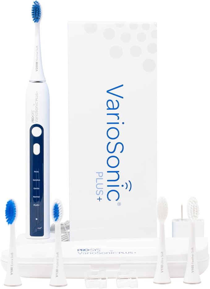 PRO-SYS® VarioSonic Plus+ Professional Electric Toothbrush Full Kit Rechargeable Powered Toothbrush with Travel Case 5 Brush Heads 5 Modes Extra Long Battery Pressure Sensor and Timer (White)