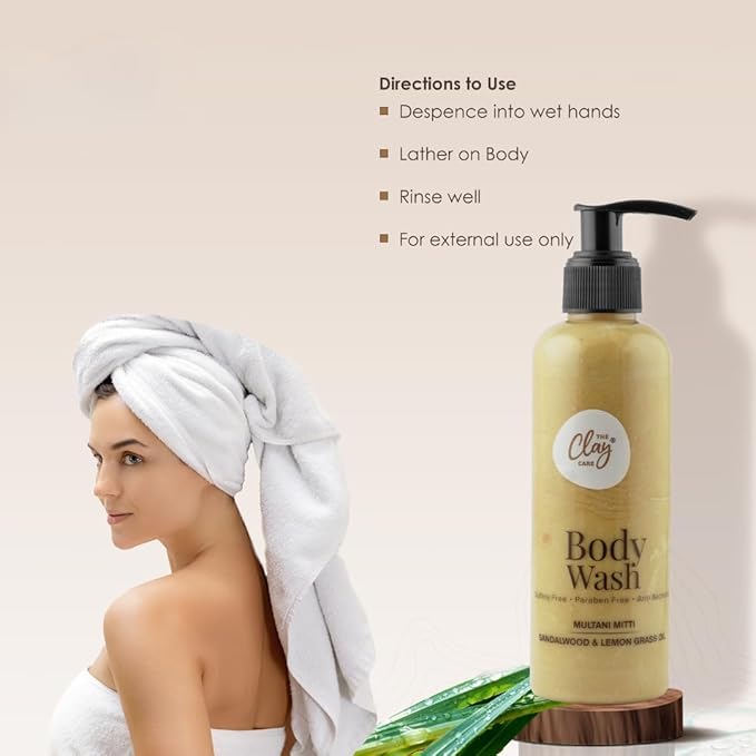 The Clay Care Natural Multani Mitti Body Wash with Sandalwood and Lemon Grass Oil Paraben Free Sulfate Free Vegan 200ml