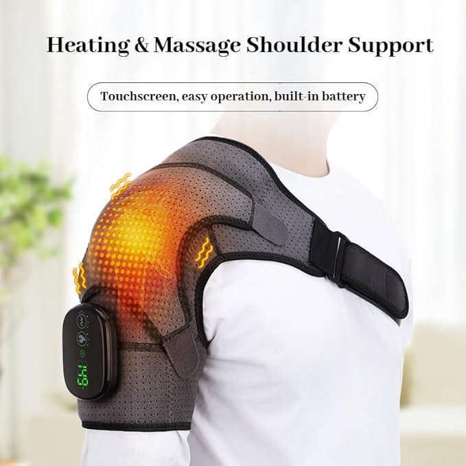 Shoulder Massager – Cordless Shoulder Heating Pad with Vibration for Deep Tissue Comfort Heated Shoulder Wrap with 3 Heating Levels &amp Vibration Adjustable Straps Left or Right (Gray)