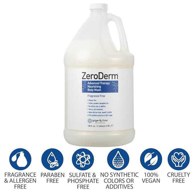 Ginger Lily Farms Botanicals ZeroDerm Advanced Therapy Nourishing Body Wash 100% Vegan &amp Cruelty-Free Fragrance Free 1 Gallon Refill (Pack of 4)