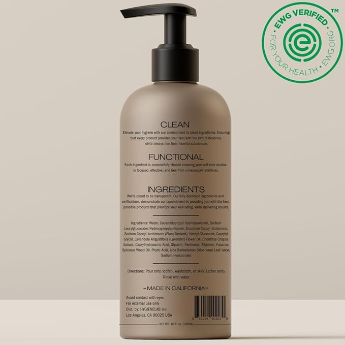 HygieneLab Mens Natural Body Wash - Ultra Hydrating EWG Verified Clean Formula Lavender Sands Scent Sulfate-Free Paraben-Free Phthalates-Free Gentle &amp Effective for Healthy Skin (10 oz)