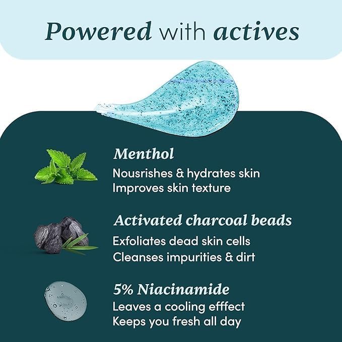 MI 3 in 1 Action Charcoal &amp Menthol Body Wash | With Menthol 5% Niacinamide &amp Activated Charcoal Beads | 250ml