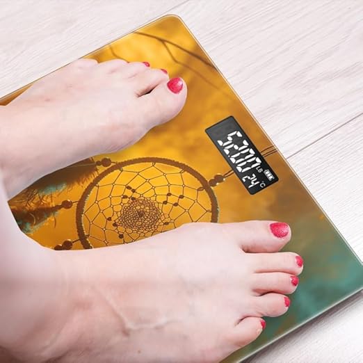 Digital Scale for Body Weight Highly Precision Bathroom Weight Scale 400 lbs with Backlit Display Personalized Scale for Home-Dreamcatcher Hanging in The Air with Orange and Blue Background
