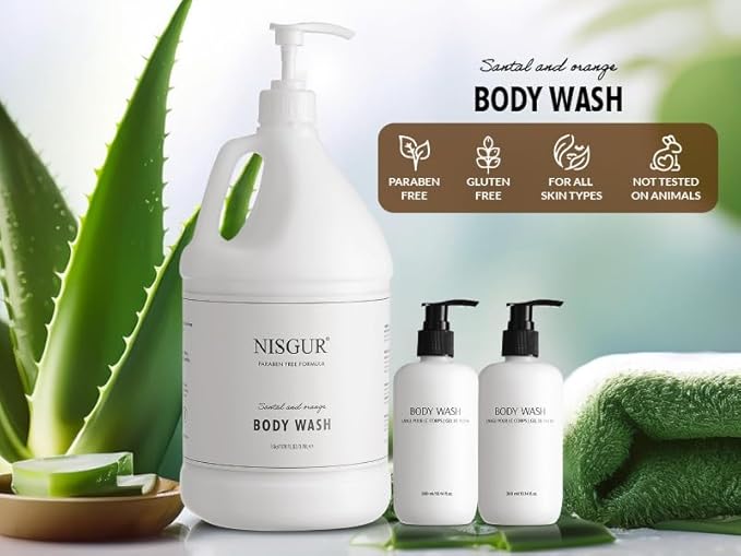 Hotel Body Wash in Gallon Size 1 Gallon Each Total 2 Gallon Jugs with Extra Pump Dispenser to Refill Wall-mounted and Stand Dispenser Aloe vera Green Tea Extract Infused Hotel Toiletries