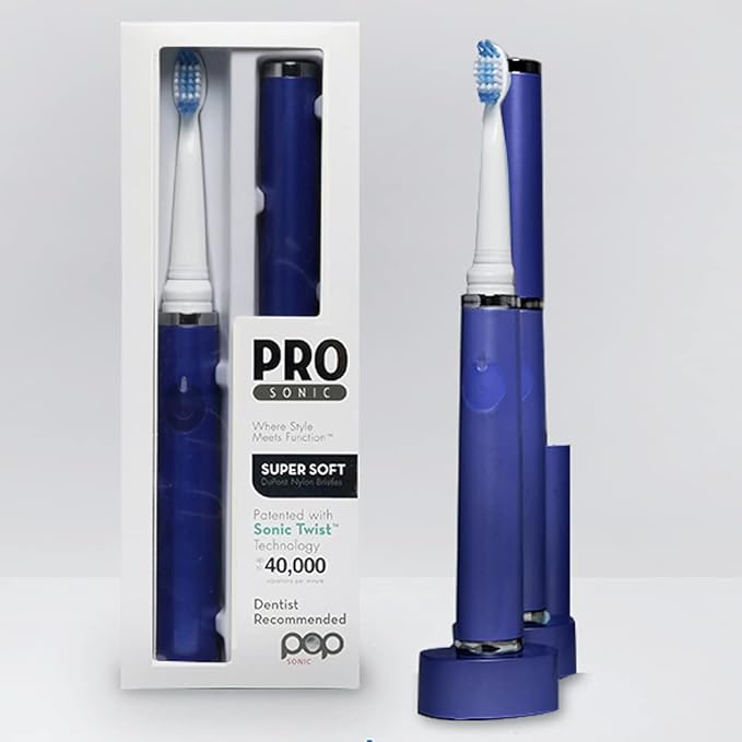 Pop Sonic Ultimate Pro Rechargeable Toothbrush (Navy) - 40000 Strokes/Min Dupont Nylon Bristles Quadrant Pacer &amp Timer for Teens &amp Adults