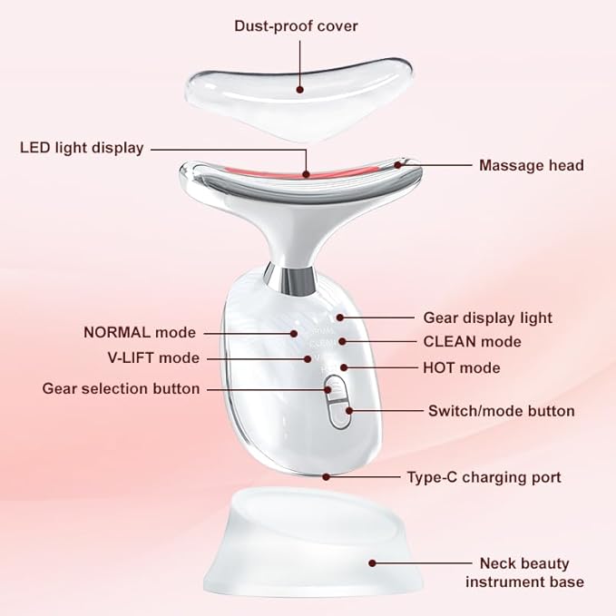 7 in 1 Facial Massager Tool Red - Light Therapy for face and Neck face Lift Device Portable face sculptin with 7 Color Neck Massager for Double - Chin - Reducer.
