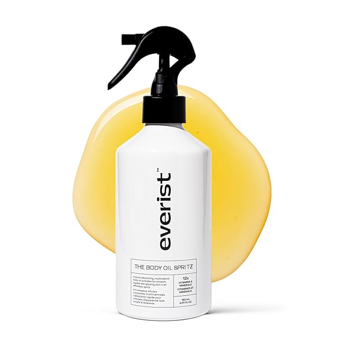 Everist Body Oil Spritz – Waterless Vitamin-Infused Dry Body Oil with Vitamin C &amp E Lightweight Fast-Absorbing Spray for Glowing Skin – Shower-Safe Aluminum Bottle 6.1 fl oz