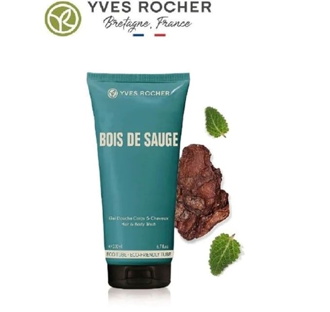 Yves Rocher Perfumed Body and Hair Gel Bois de Sauge for Men - Invigorating Scent of Boundless Freedom and Adventure Dual-Use Shower - 200 ml / 6.7 fl.oz.