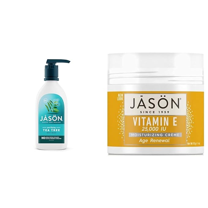 JASON Natural Body Wash &amp Shower Gel Purifying Tea Tree White 30 Fl Oz (Pack of 1) &amp Moisturizing Creme Vitamin E 25000 Age Renewal 4 Oz (Packaging may vary)