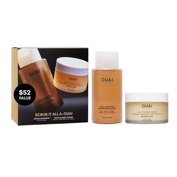 OUAI Hair Care Set - Clarifying Shampoo &amp Exfoliating Scalp Scrub - Deep Cleansing &amp Balancing - Hair Care Kit with Detox Shampoo &amp Travel Size Sugar Scrub for Scalp (2 Count)