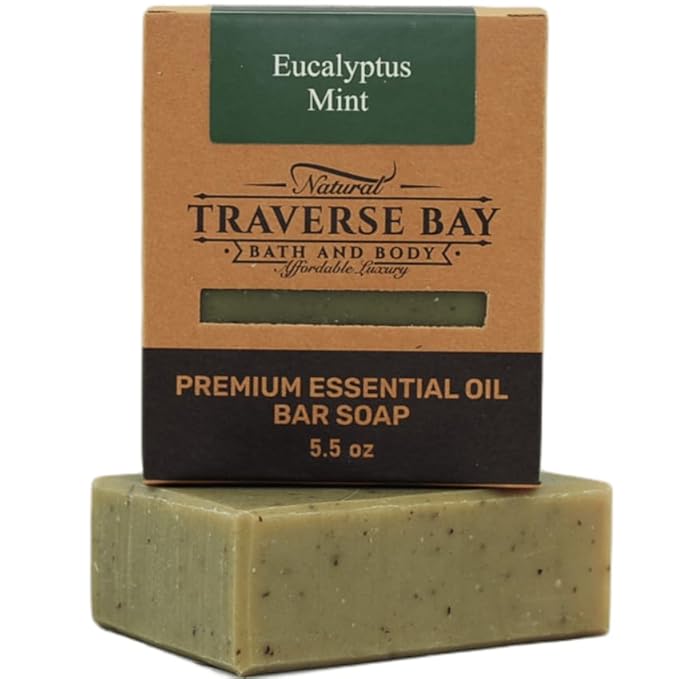 Traverse Bay Bath and Body Eucalyptus Mint Natural Cold Process Soap Essential Oil Based Cooling Eucalyptus and Peppermint 6 Bars 33+ oz