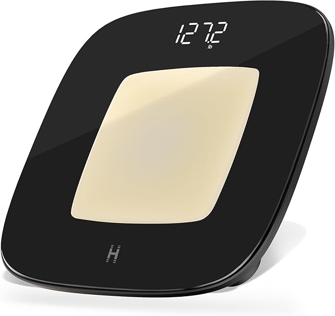 Homedics Digital Bathroom Scale Motion-Sensing Ambient Center Illumination Sleek Tempered Glass High-Precision Weight Measurement Up to 400 lbs Sustainable Design Black