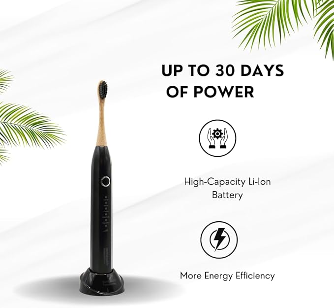 Sustainable Tomorrow Zen Bamboo Electric Toothbrush Durable Wood-Grain ABS Handle Rechargeable w/Plant-Based Soft Bristles Bamboo Heads 5 Modes &amp 30-Day Battery (Black)