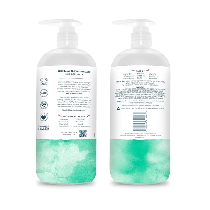 Kirk's 3-in-1 Head to Toe Nourishing Liquid Cleanser - for Men Women &amp Children - Premium Coconut Oil &amp Aloe Vera - Non GMO &amp Vegan - Mint and Eucalyptus - 32 Fl Oz. 2 pack