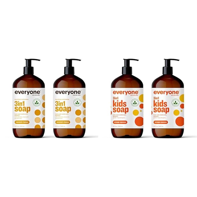 Everyone 3-in-1 Kids and Adults Shampoo Bubble Bath and Body Wash 32 Fl Oz (Pack of 4)