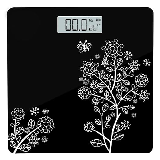 Digital Bathroom Scale with Tempered Glass Black Floral Design 396lb Capacity LCD Display with Temperature Reading