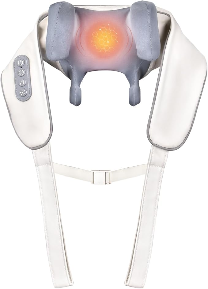 Cordless 4D Shiatsu Neck Massager with Heat - Deep Tissue Kneading Pillow for Back &amp Leg Pain Relief Portable Rechargeable Gift for Men &amp Women Ivory White