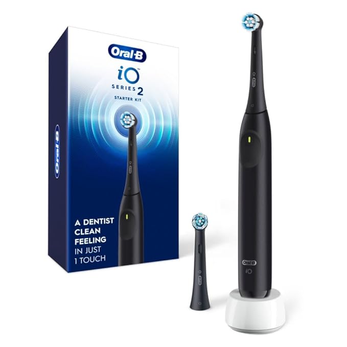 Oral-B Rechargeable Electric Toothbrush iO2 Starter Kit 3 Cleaning Modes Automatic Pressure Sensor to Protect Gums 2 Brush Heads Night Black