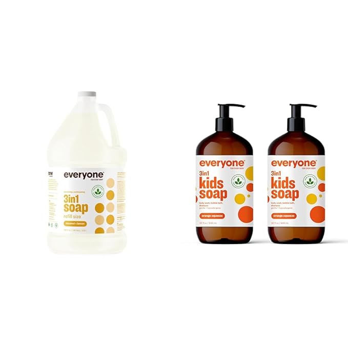 Everyone 3-in-1 Soap Body Wash Bubble Bath Shampoo Bundle with 1 Gallon Coconut Lemon and 2 Pack 32 Ounce Orange Squeeze Kids