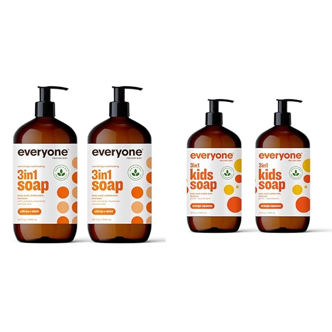 Everyone 3-in-1 Soap Body Wash Bubble Bath Shampoo 32 Ounce (Pack of 2) &amp 3-in-1 Kids Soap Body Wash Bubble Bath Shampoo 32 Ounce (Pack of 2)