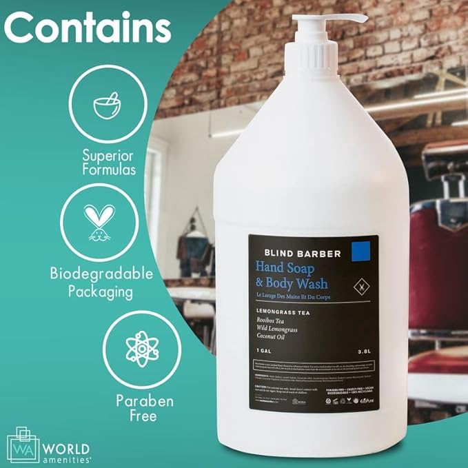World Amenities Blind Barber Hand Soap and Body Wash 1 Gallon - Bulk Pack Body Care Liquid Soap