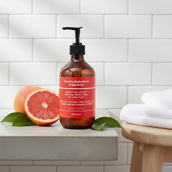 Grapefruit Hand &amp Body Wash – Hydrating Vegan Cleanser for All Skin Types Gentle Moisture-Rich Formula with Betaine &amp Berry Extract 98% Natural ECOCERT COSMOS Natural Certified (1)