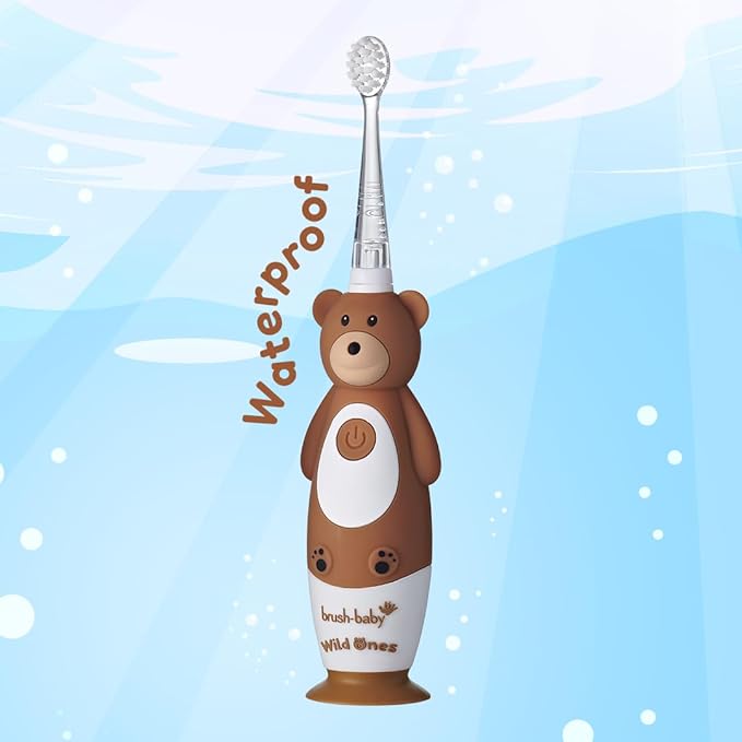 BrushBaby - WildOnes - Kids Rechargeable Electric Toothbrush Ages 0-10 - Bear Design with Flashing Lights - DeepClean Bristles for Superior Cleaning - 2 Replacement Brush Heads 1 USB Cable