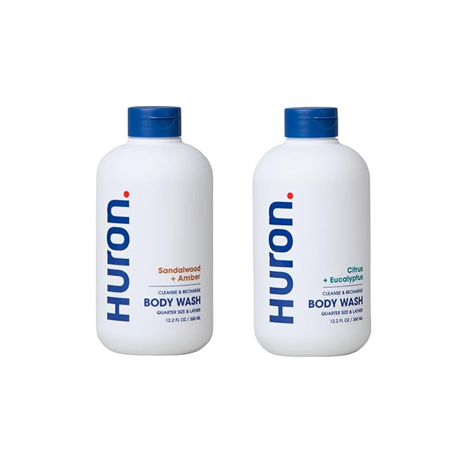 Huron Body Wash Scent Duo - Citrus + Eucalyptus &amp Sandalwood + Amber Scents - Men’s Body Wash - Made With Coconut Oil Vitamin E &amp Witch Hazel - Vegan Cruelty-Free - 2 Pack 12.2 fl oz