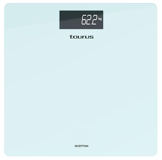 Taurus Inception Digital Bathroom Scale Slim Design 28 x 28 cm Tempered Glass Ultra Strong Glass kg/lb Easy to Read Display Max 180 kg/min 3 kg Non-Slip Feet Blue