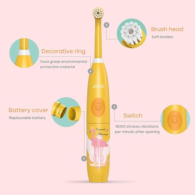 KME Kids Electric Toothbrush with Sonic Technology Rechargeable Soft Bristles Heads DIY Flamingo Stickers Modes Ideal for Ages 3–12 Perfect Girls Toddler Toothbrush