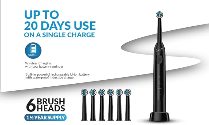 Supersonic TB-1000 Sonic Zoom+ Advanced Rotating Electric Toothbrush | 8800 OPM | Wireless Charging | 3 Cleaning Modes | 6 Brush Heads | Auto Timer | Travel Case | Black