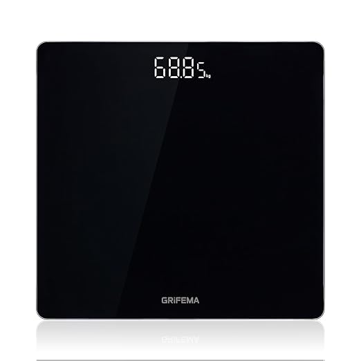 GRIFEMA GA2001-28 Digital Bathroom Scale with Large LED Display 5 mm Tempered Glass Platform 180 kg / 400 lb 28 x28 cm Slim Design Black