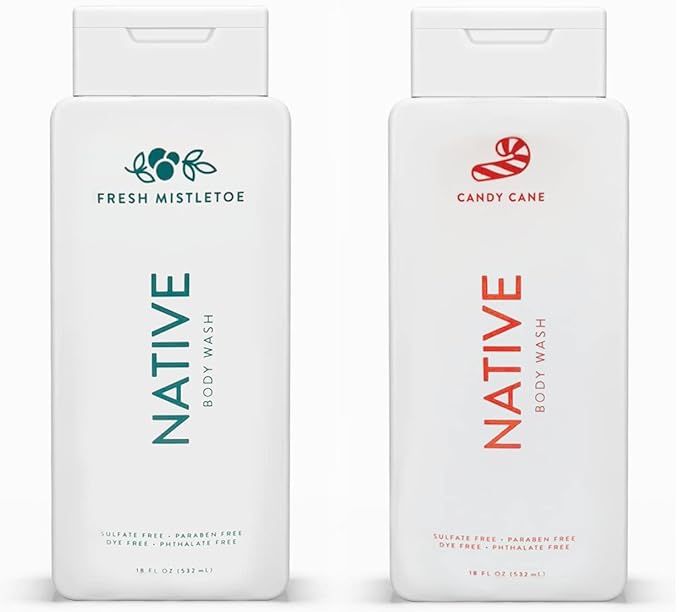Native Special Edition Winter Body Wash |for Women &amp Men | Sulfate Free Paraben Free Dye Free with Naturally Derived Clean Ingredients 18 oz each (2 Pack) (Fresh Mistletoe &amp Candy Cane)