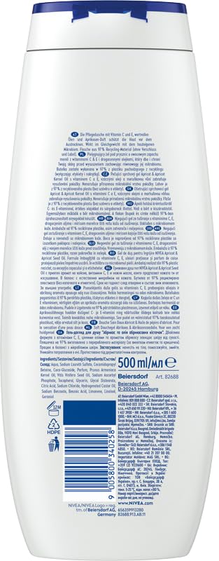 NIVEA Apricot &amp Apricot Seed Oil Nourishing Shower Gel for Women and Men 500 ml Mild Daily Body Cleanser with Vitamins C &amp E pH-Balanced Hydrating Formula for Smooth Skin