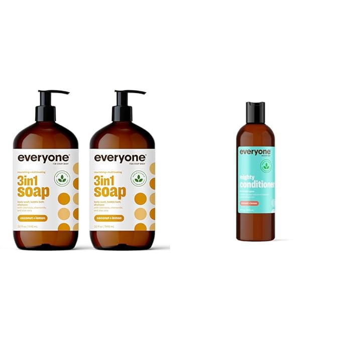 Everyone 3-in-1 Soap Body Wash Bubble Bath Shampoo 32 Ounce (Pack of 2) Coconut and Lemon Coconut Cleanser with Plant Extracts and Pure Essential Oils &amp Mighty Conditioner 12 OZ