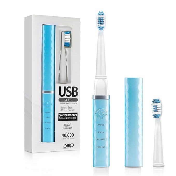 Pop Sonic USB Charge Anywhere Toothbrush (Hawaiian Blue) | Rechargeable Toothbrush w/Up to 40000 Brush Strokes/Minute-Long-Lasting Nylon Bristles - Teens &amp Adult with Quadrant Pacer