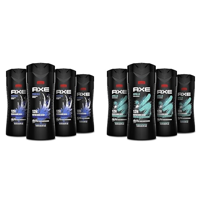AXE Body Wash Phoenix 4 Count 12h Refreshing Scent Crushed Mint &amp Rosemary Men's Body Wash 16 oz &amp Body Wash Apollo 4 Count for Long Lasting Freshness Sage &amp Cedarwood Men's Body Wash 16 o