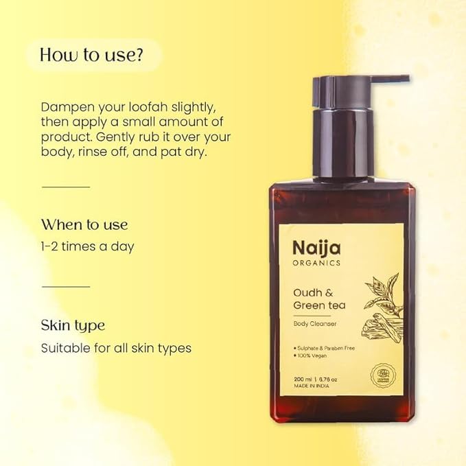 Naija Organics Deep Nourishing Body Wash | ECOCERT Certified organic Oudh &amp Green Tea Extracts shower Cleanser | Glycerin &amp Vitamin-E Hydrating bath Gel | 200ml