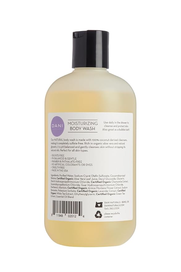 DANI Naturals Moisturizing Body Wash - Calming Lemongrass Lavender Scent with Organic Aloe Vera &amp Natural Glycerin - Paraben Sulfate &amp Phthalate-Free Shower Gel - 12 oz Bottle Vegan &amp C