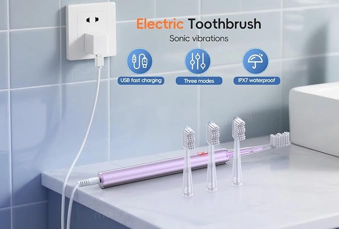 Electric Toothbrush for Adults Rechargeable Cordless Power Toothbrush with 3 Modes 4 Brush Heads 2-Min Timer Electric Tooth Brush Adult Purple or Silver (Silver)