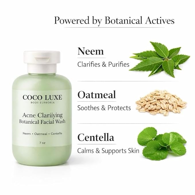 COCO LUXE Body Euphoria Acne Clarifying Botanical Facial Wash with Neem Oatmeal &amp Centella 7 oz for Clear Healthy Skin