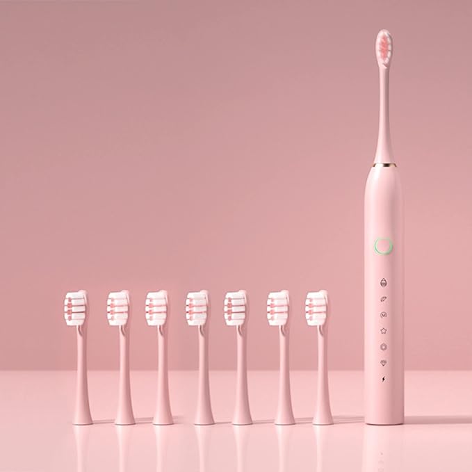 Generic Electric Toothbrush with 8 Brush Heads &amp 6-Speed Rechargeable Electric Powered Toothbrush for Adults Smart Powerful Electric Toothbrush Pink