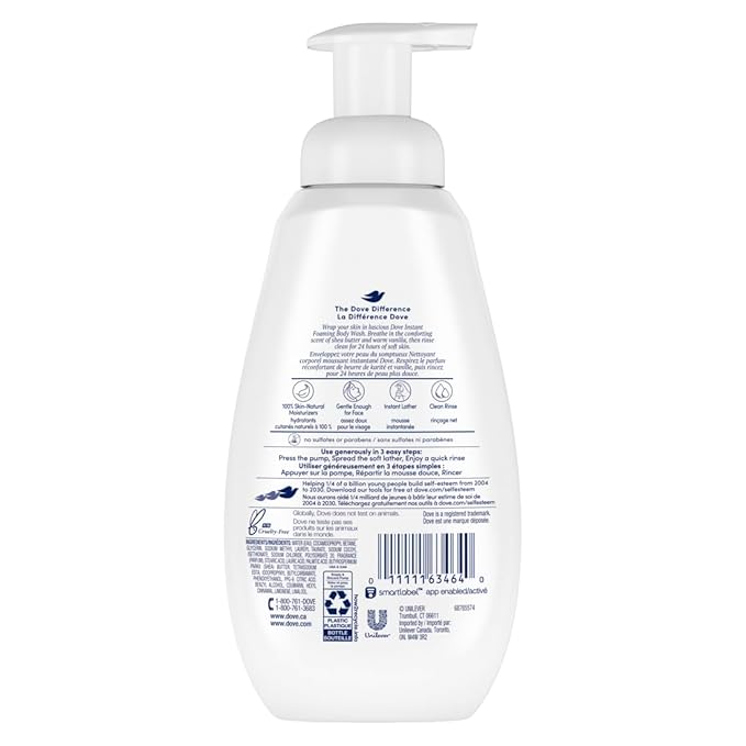 Dove Instant Foaming Body Wash Shea Butter with Warm Vanilla Pack of 4 with NutriumMoisture Technology Effectively Washes Away Bacteria While Nourishing Your Skin 13.5 oz