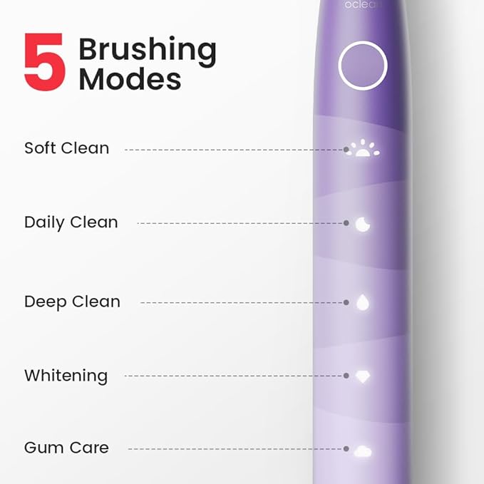 Oclean Electric Toothbrush for Adults 150 Days Battery Life Electric Toothbrush USB Rechargeable Sonic Travel Toothbrush with 6 Brush Heads &amp Travel Case 5 Modes and Smart Timer Purple