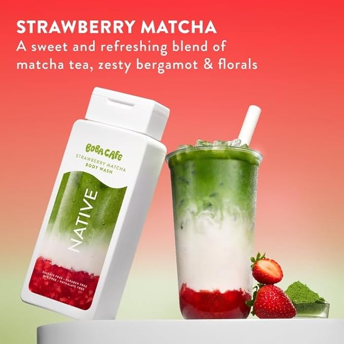 Native Body Wash Limited Edition Strawberry Matcha Sulfate Free Body Wash for Women &amp Men Boba Café 18 fl oz with Travolle Dispenser Pump