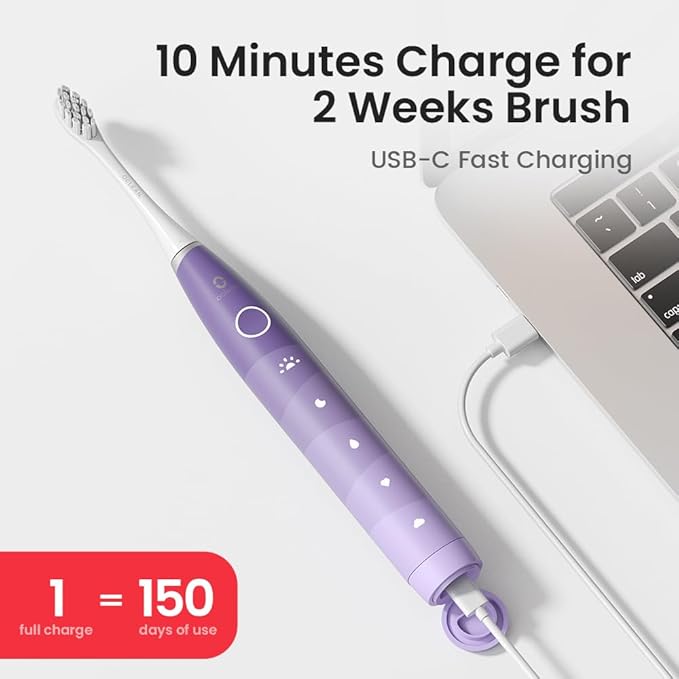 Oclean Electric Toothbrush for Adults 150 Days Battery Life Electric Toothbrush USB Rechargeable Sonic Travel Toothbrush with 6 Brush Heads &amp Travel Case 5 Modes and Smart Timer Purple